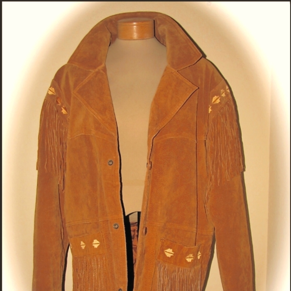 Vintage 80s 90s Leather Suede Native/Western Fringe Mens Medium Embroidered coat